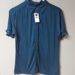scalloped sleeve teal blouse